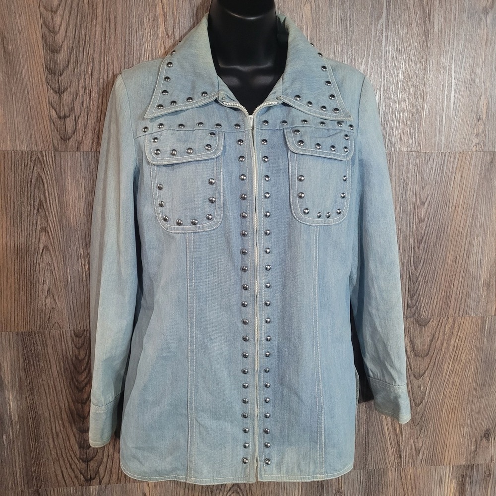 Vintage 70s Gina Teresa Studded Denim Jacket Sz S/M Light Wash Full Zip Collared